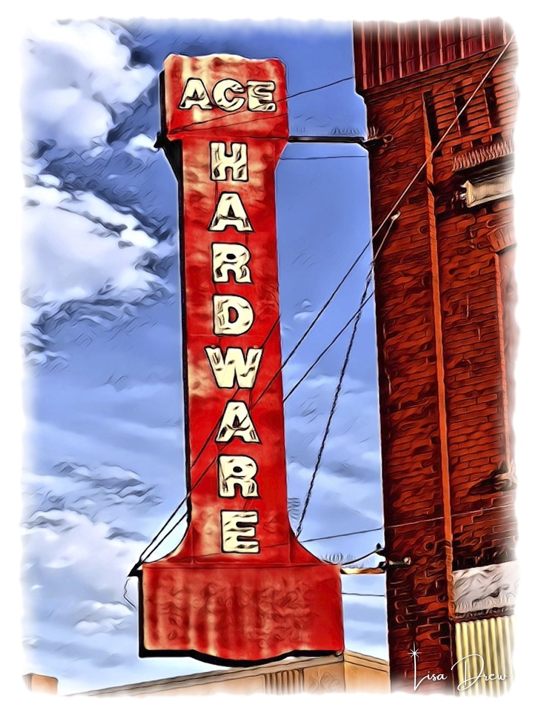 Ace is the Place — digital art print of a vintage vertical Ace Hardware sign against a brick facade