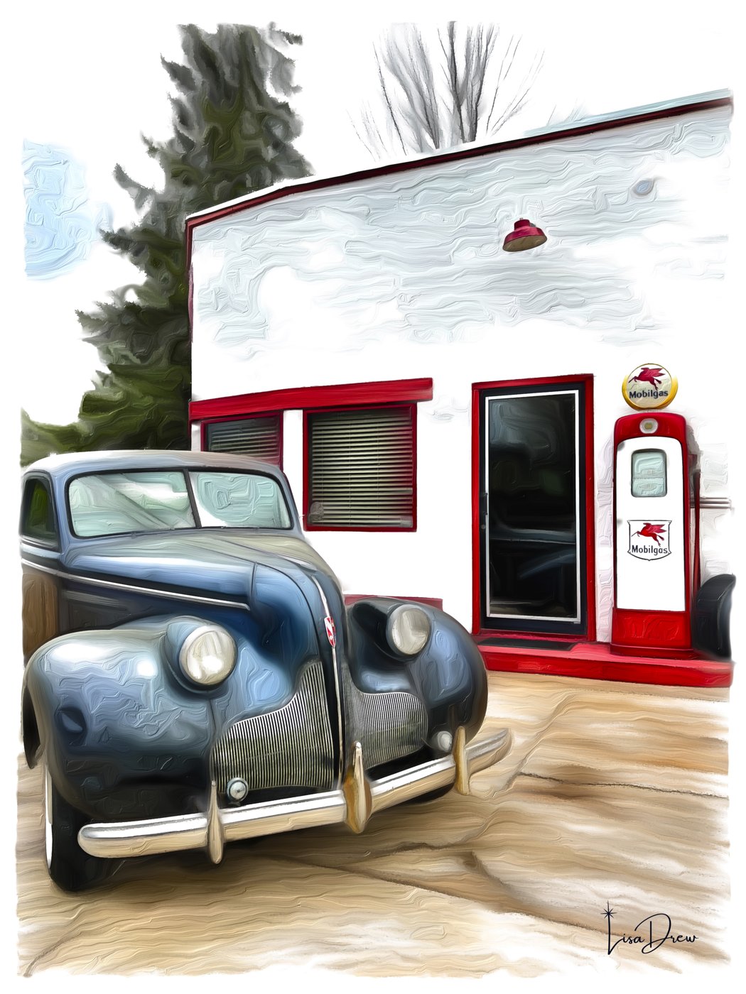 CarTune — digital art print of a vintage Buick at a restored Mobilgas station