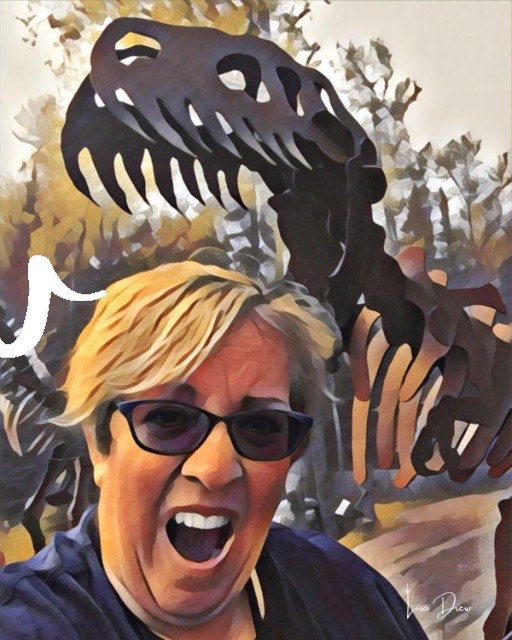 Lisa Drew posing wide-eyed in front of a T-rex skeleton, rendered in her digital art style
